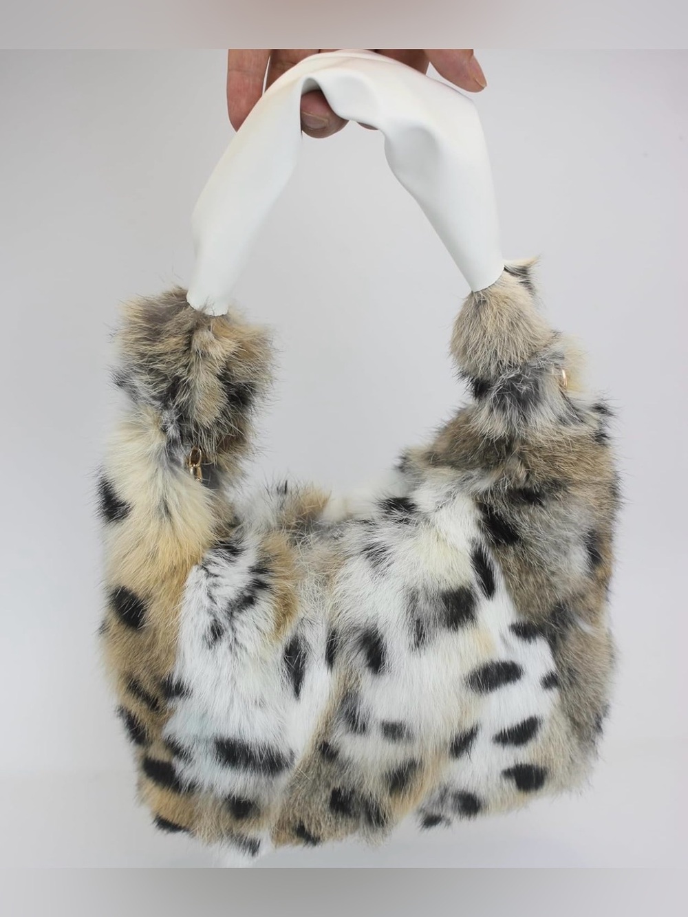 Genuine Rabbit Fur Shoulder Bag Lynx Leather Strap Hobo Handbag